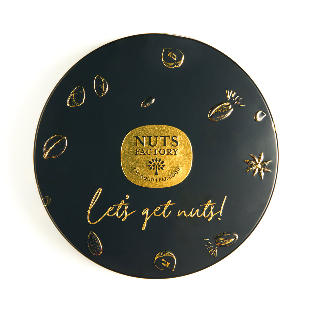Floavored Nuts Round Black Tin Assorted Flavored Nuts and Snacks