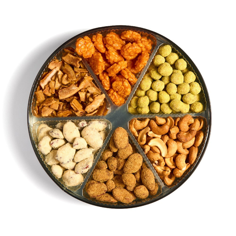 Floavored Nuts Round Black Tin Assorted Flavored Nuts and Snacks